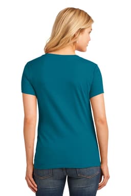 A teal ladies’ V-neck T-shirt displayed from the back, featuring a fitted style and short sleeves.