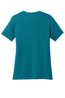A teal women's V-neck T-shirt with short sleeves, featuring a plain back design and a logo.