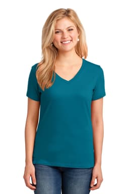A woman wearing a teal V-neck T-shirt featuring short sleeves, paired with jeans. The shirt has a logo.