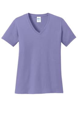 A lilac V-neck T-shirt made from cotton, featuring short sleeves and a branded tag inside.