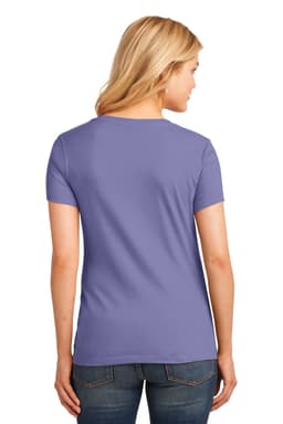 A purple ladies' V-neck t-shirt, featuring a fitted style and short sleeves, with a branding logo on the back.