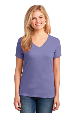 A woman wearing a purple v-neck t-shirt with short sleeves, featuring a logo on the front.