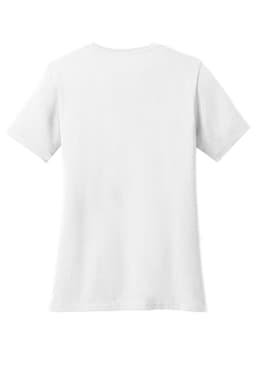 A white ladies’ V-neck t-shirt with short sleeves, featuring a plain back and a logo.