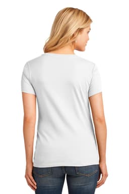 A white ladies' V-neck T-shirt with short sleeves, modelled from the back. It features a logo.