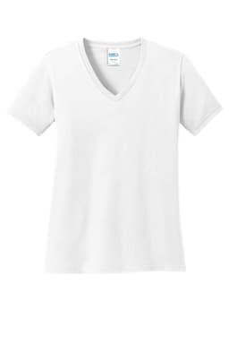 A white ladies' V-neck T-shirt with short sleeves and a brand label.