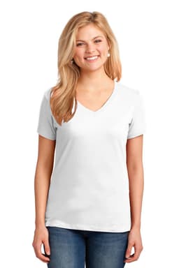 A white ladies' V-neck T-shirt made from cotton, featuring short sleeves and a fitted silhouette.