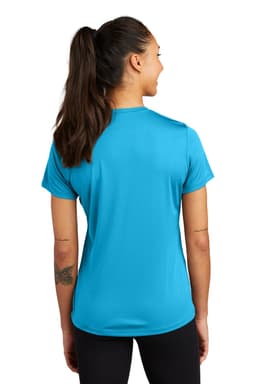A back view of a women's short-sleeve t-shirt in bright blue, featuring a logo on the back.