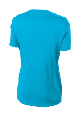 A turquoise ladies' t-shirt with a plain back and short sleeves, featuring a logo.