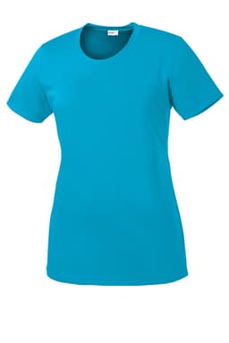 A turquoise ladies' t-shirt from Sport-Tek with a round neck and short sleeves. It has a logo on it.