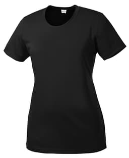 A black ladies' t-shirt with a round neckline and short sleeves. It has a logo on the front.