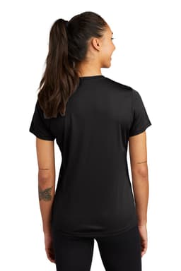 A black Sport-Tek Ladies PosiCharge Competitor Tee displayed from the back, featuring short sleeves and a fitted design.