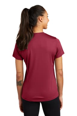 A maroon Sport-Tek Ladies PosiCharge Competitor Tee, featuring a fitted back design and a logo.