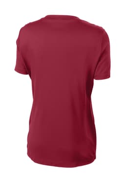 A red ladies' t-shirt with a smooth fabric finish and a back view, featuring a logo.