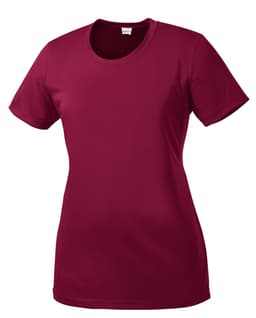 A maroon ladies' t-shirt with short sleeves, featuring a round neckline and a logo.