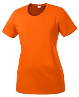 An orange ladies' short-sleeved t-shirt with a round neckline and a fitted design. It features a logo.