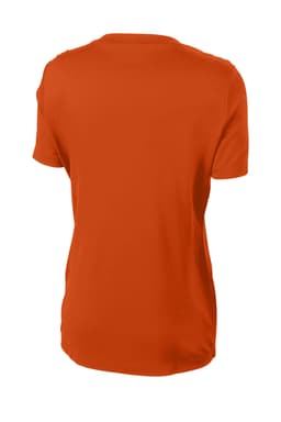 An orange Sport-Tek Ladies PosiCharge Competitor Tee with a crew neckline and short sleeves, featuring a branding logo.