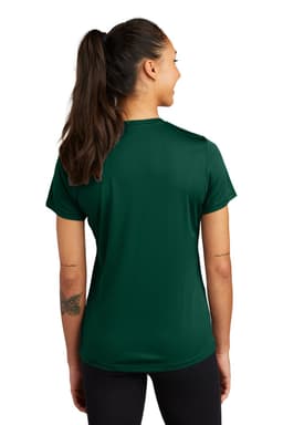 A dark green ladies' T-shirt with a fitted design, featuring short sleeves and a back view.