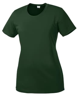 A green ladies' t-shirt with short sleeves and a round neckline. The shirt has a logo on it.