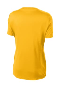 A yellow ladies' t-shirt with a round neck and short sleeves, featuring a logo on the back.
