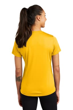 A yellow ladies' t-shirt with a back view, featuring short sleeves and a logo on the upper side.