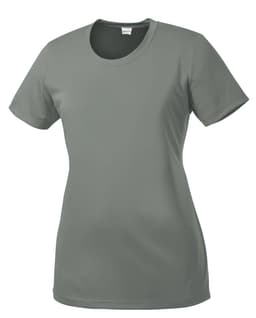 A grey short-sleeved women's t-shirt with a round neckline and a logo.