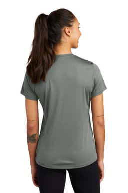 A women's grey Sport-Tek PosiCharge Competitor Tee featuring a logo, viewed from the back.