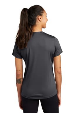 A dark grey ladies' T-shirt with a short sleeve, featuring a simple back design and a logo.
