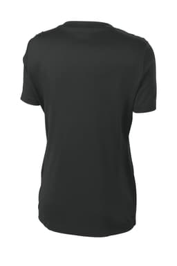 A black T-shirt with a round neckline and short sleeves, featuring a logo on the back.