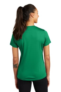A green ladies' t-shirt with a fitted design, featuring short sleeves and a back view. It has a logo.