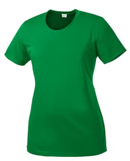 A green ladies' t-shirt with short sleeves and a round neck design. It features a logo on the upper section.