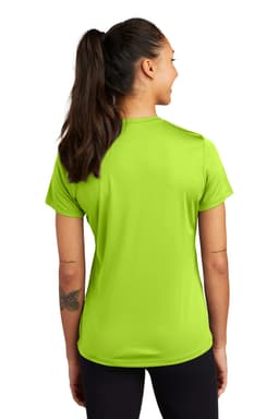 A bright lime green women's t-shirt with a sports fit, featuring a logo on the back.