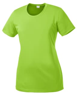 A bright green ladies' t-shirt with short sleeves and a round neckline, featuring branding.