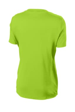 A bright green women's t-shirt with short sleeves and a plain back. Features a logo on the garment.