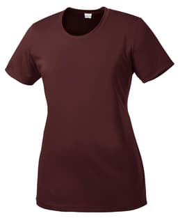 A maroon round-neck t-shirt for ladies, featuring short sleeves and a fitted design. The shirt has a logo.
