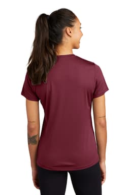 A burgundy Sport-Tek Ladies PosiCharge Competitor Tee featuring a logo, viewed from the back, highlighting its sleek design.