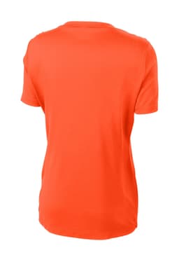An orange ladies' t-shirt with a crew neckline and short sleeves. The back features a logo.
