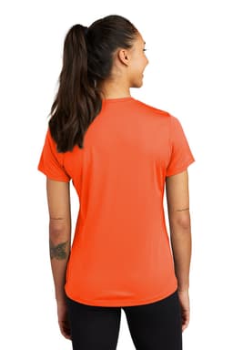 A bright orange women's T-shirt with short sleeves and a fitted design, featuring a logo on the back.