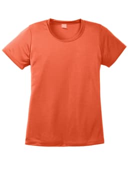An orange ladies' t-shirt featuring a round neckline and short sleeves, with a logo on the chest area.