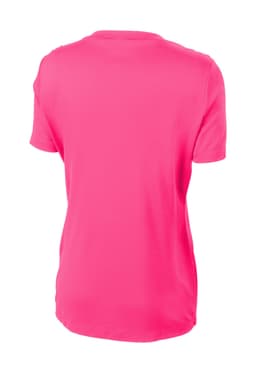 A bright pink ladies' t-shirt with a round neck and short sleeves, featuring a brand logo.