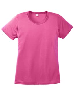A pink ladies' t-shirt with short sleeves and a round neckline. It features a logo on the front.