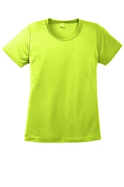 A bright lime green ladies' t-shirt featuring a plain design and a logo. Suitable for activewear and casual use.