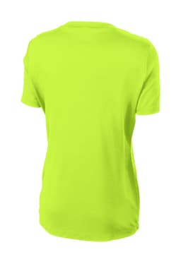 A bright yellow ladies' t-shirt with a classic crew neck and short sleeves, featuring a logo.