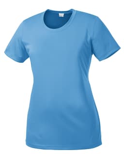 A light blue women's short-sleeve tee featuring a fitted design and a logo.