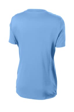 A light blue ladies' t-shirt with a crew neck and short sleeves, featuring a logo.