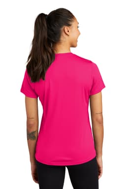 A vibrant pink ladies' t-shirt with a sporty design, featuring a logo on the back.