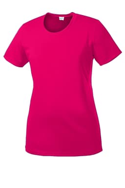 A bright pink ladies' t-shirt with a round neckline and short sleeves, featuring a logo.