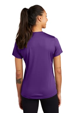 A purple women's short-sleeve t-shirt featuring a logo on the back. The fabric has a smooth, athletic finish.