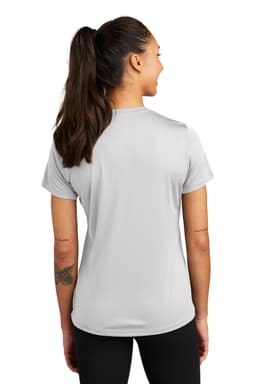 A grey athletic t-shirt designed for women, featuring a logo on the back and a standard fit.