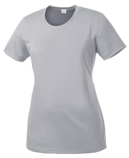 A light grey women's t-shirt with short sleeves and a round neckline, featuring a logo.