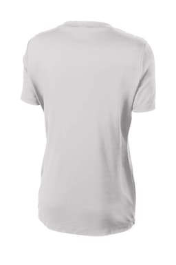 A plain white ladies’ t-shirt with a smooth back design and a classic cut, featuring a small logo.